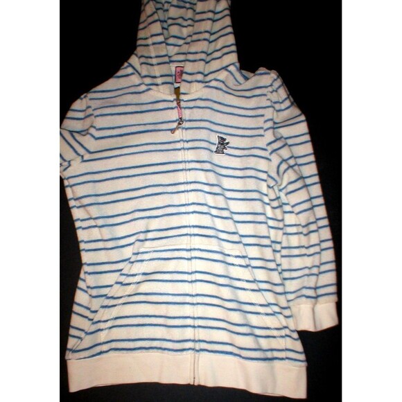 New $148 Womens Medium Juicy Couture Terry Hoodie White Blue Dog Jacket Stripes